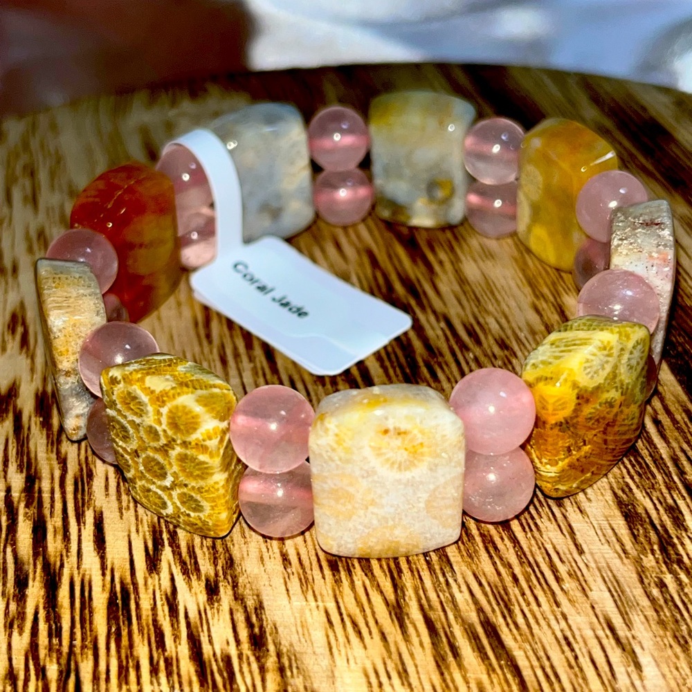 Coral Jade with Round Rose Quartz Stretch Bangle Bracelet